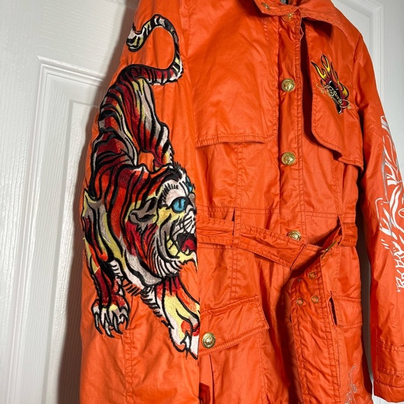 VTG Ed Hardy Trech Coats Embroidered Tiger Tattoo Y2K  Women Small Orange Gothic - Picture 7 of 14